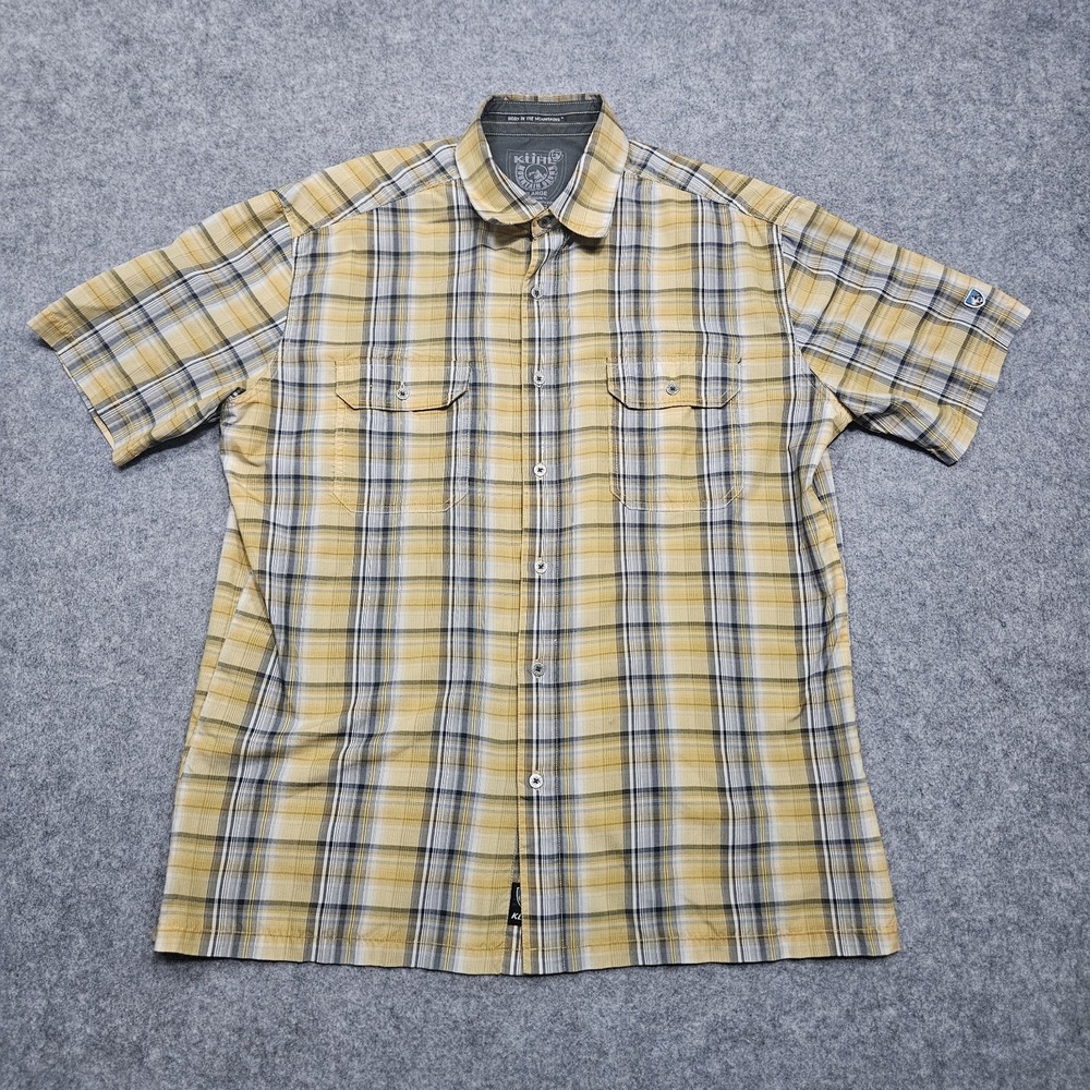 Kuhl Shirt‎ XL Yellow Plaid Eluxur Button Short Sleeve Outdoors Hiking